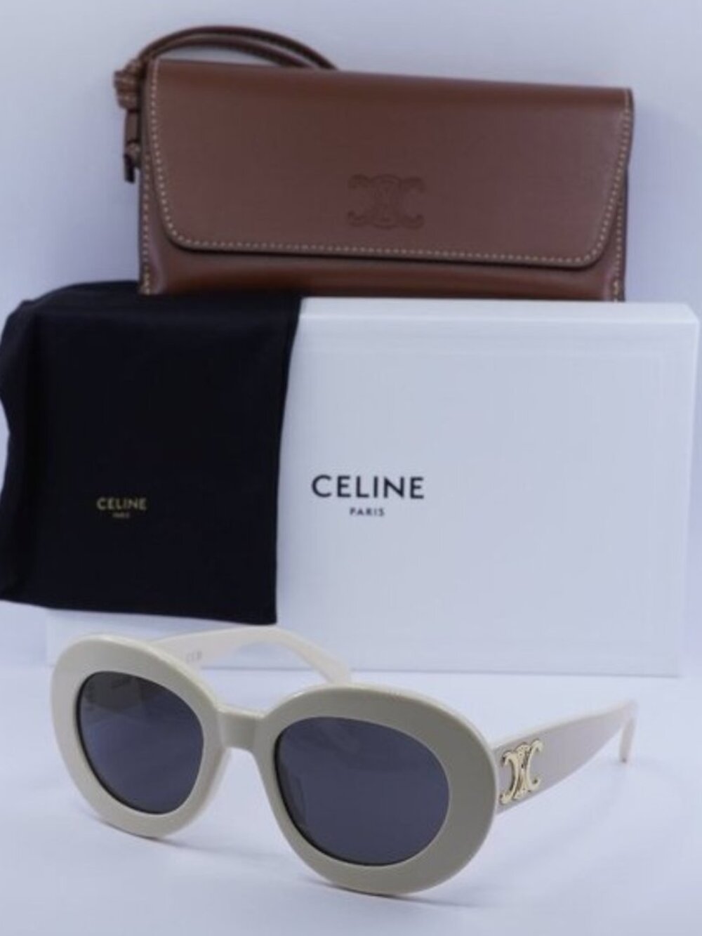 Celine CL40312U TRIOMPHE 25A Oval Sunglasses - Shiny White/Grey
